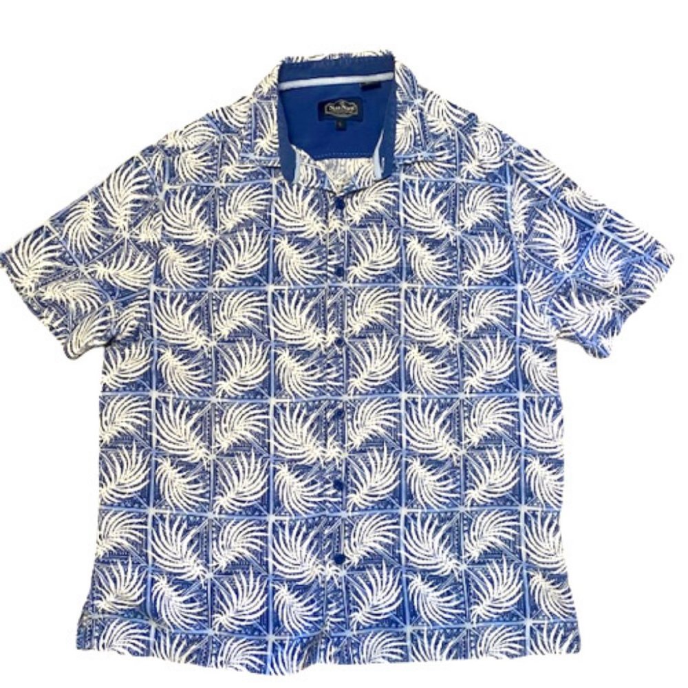 Nat Nast Shirt Hawaiian Style Short Sleeves Tropical Blue White Print Size Large